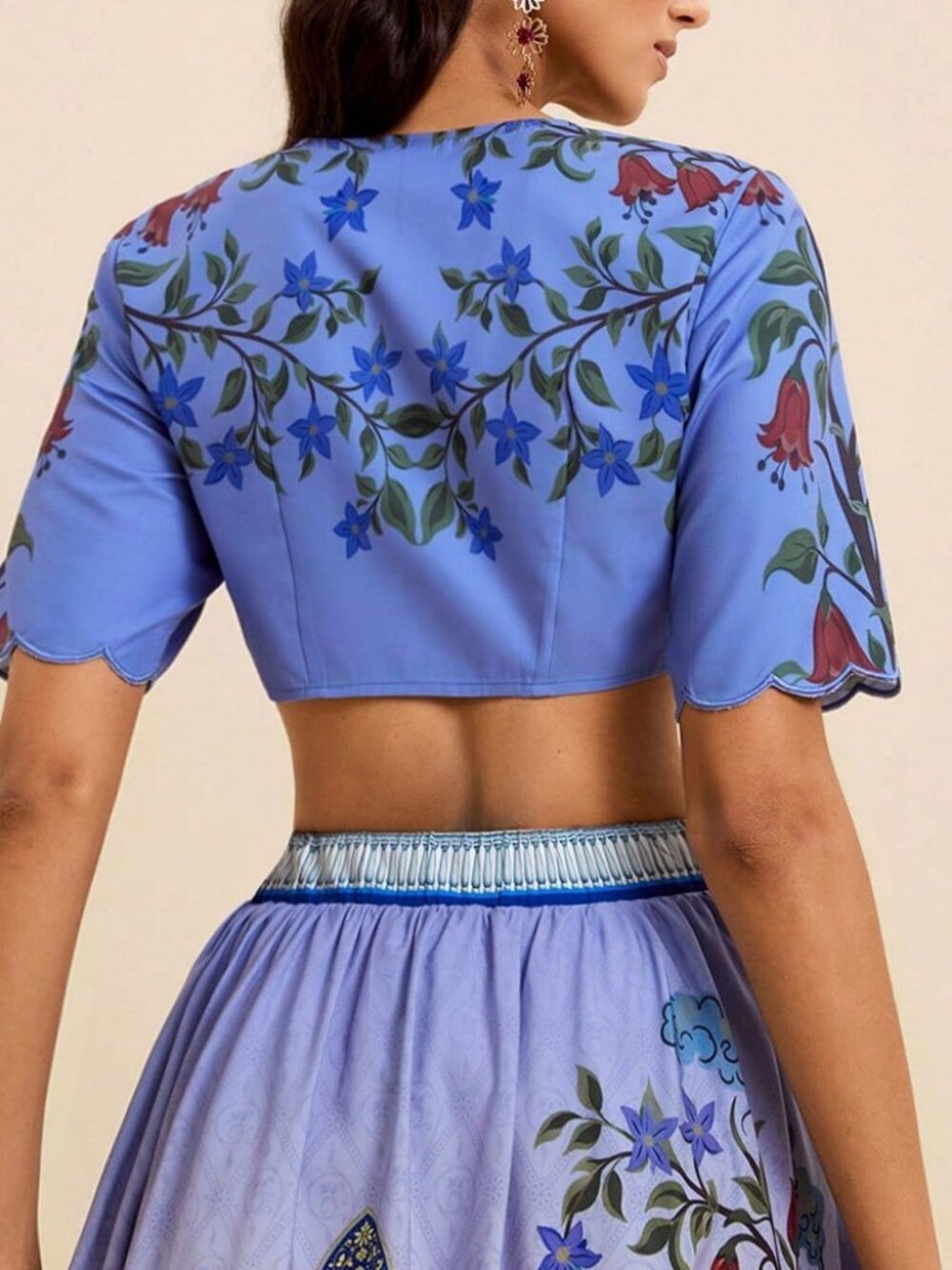 Boho Women's Short V-Neck Ruffle Trim Embroidered Floral Print Blouse - Picture 3 of 8